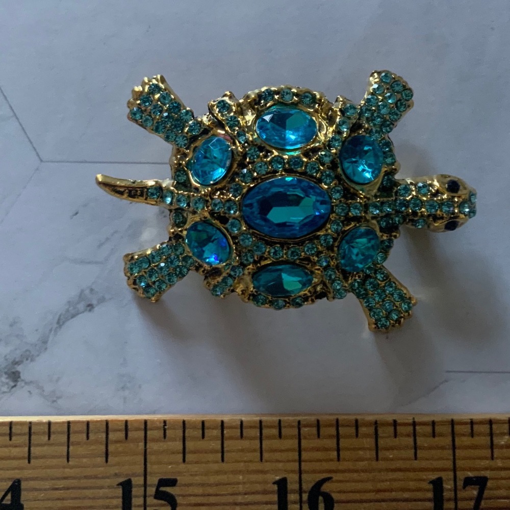 Vintage Style Blue Crystal Rhinestone Turtle Brooch Pin Gold Tone Tortoise 2" - Picture 2 of 5